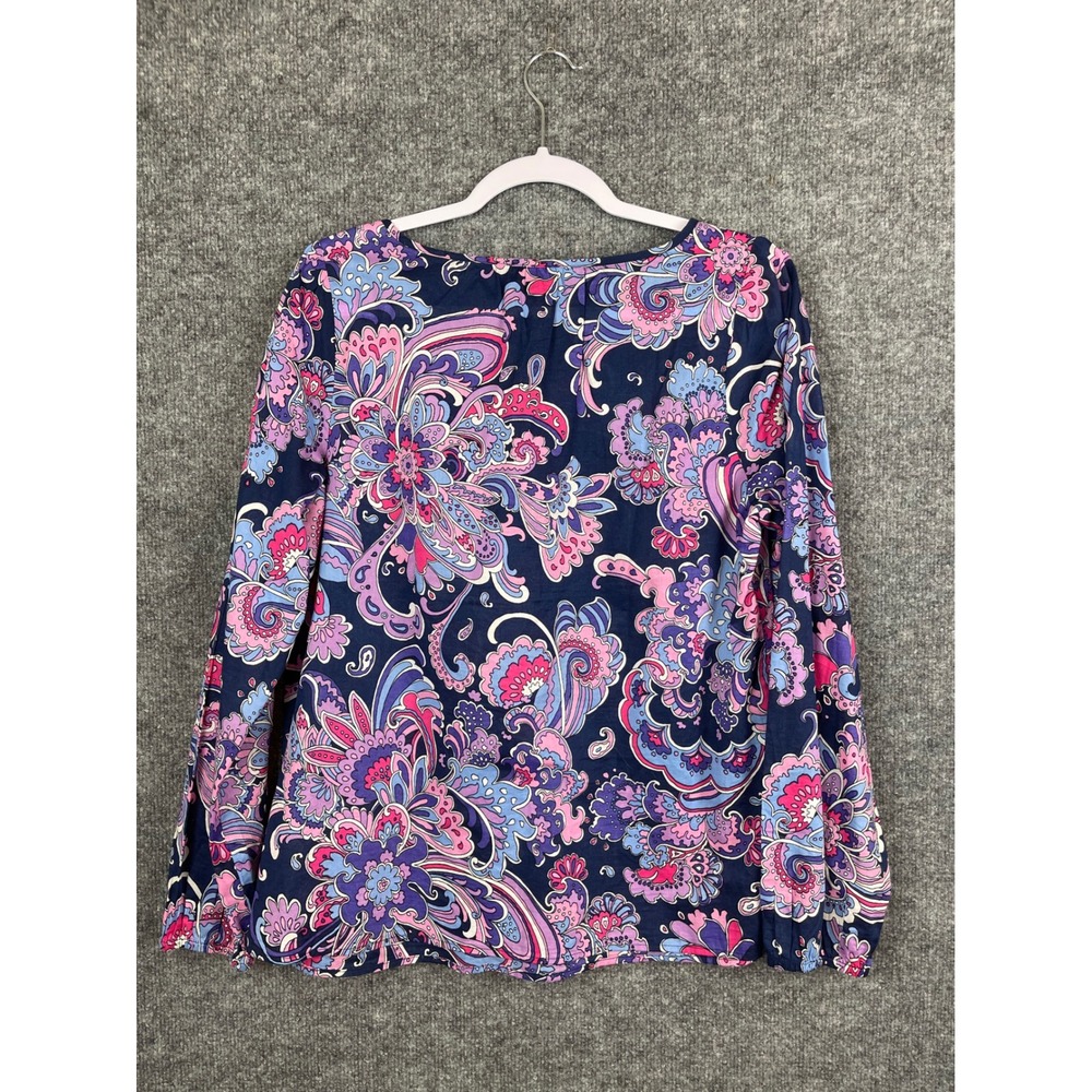 Talbots Blouse Women Medium Navy Pink Excellent Paisley Cotton Tie Neck Top - Picture 4 of 8